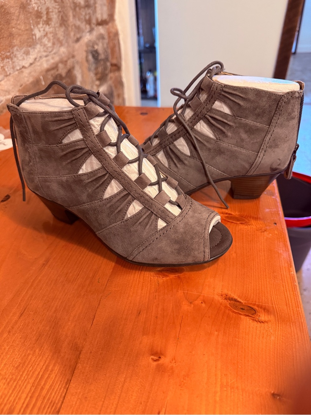 Earth Gray Suede Lace-Up Peep-Toe Ankle Booties